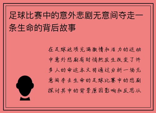 足球比赛中的意外悲剧无意间夺走一条生命的背后故事