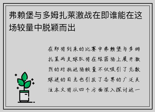 弗赖堡与多姆扎莱激战在即谁能在这场较量中脱颖而出