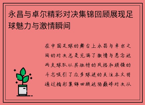 永昌与卓尔精彩对决集锦回顾展现足球魅力与激情瞬间