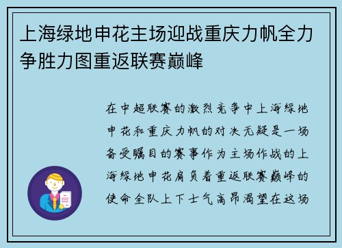 上海绿地申花主场迎战重庆力帆全力争胜力图重返联赛巅峰