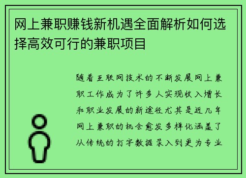 网上兼职赚钱新机遇全面解析如何选择高效可行的兼职项目
