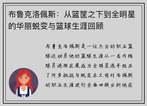 布鲁克洛佩斯：从篮筐之下到全明星的华丽蜕变与篮球生涯回顾