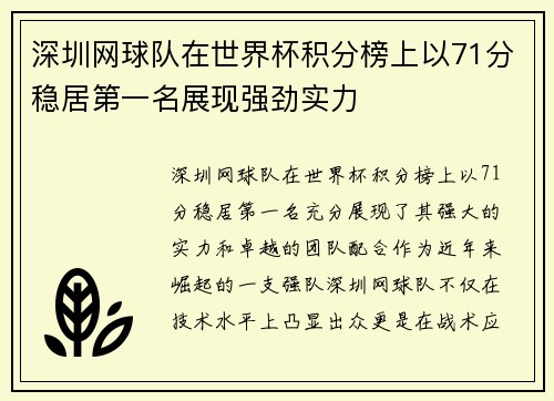 深圳网球队在世界杯积分榜上以71分稳居第一名展现强劲实力