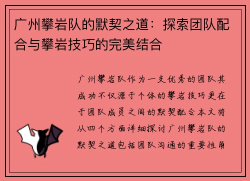 广州攀岩队的默契之道：探索团队配合与攀岩技巧的完美结合